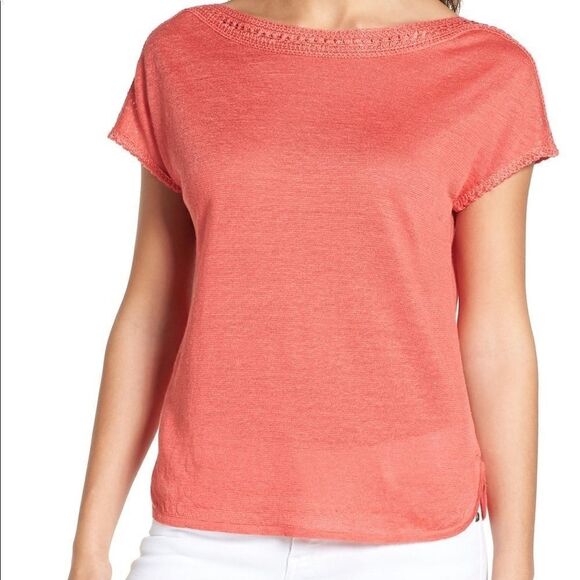 Nic + Zoe Sz L Crochet Trim Linen Coral Crush Top - Picture 1 of 8